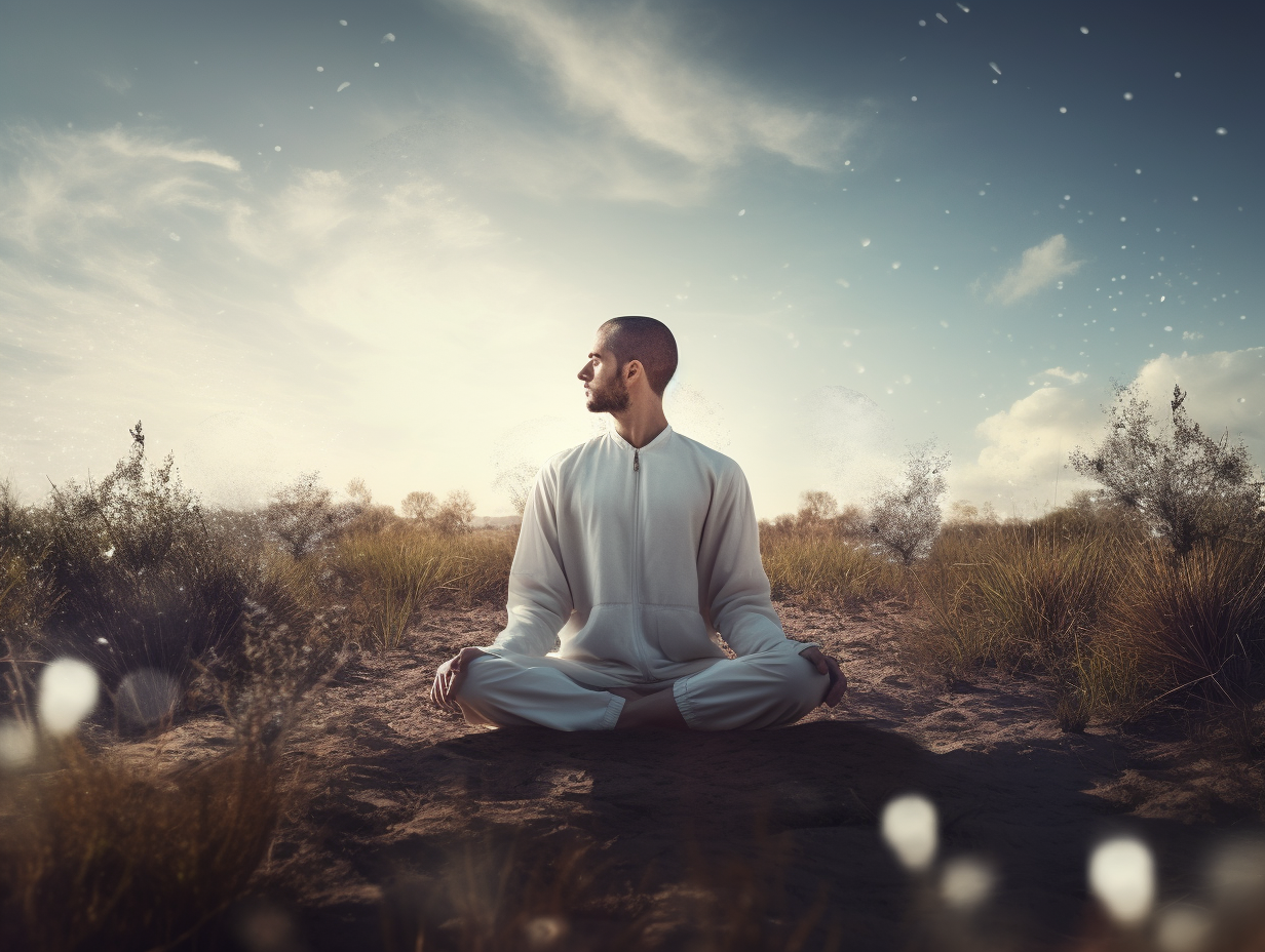 A man is meditating in the desert.