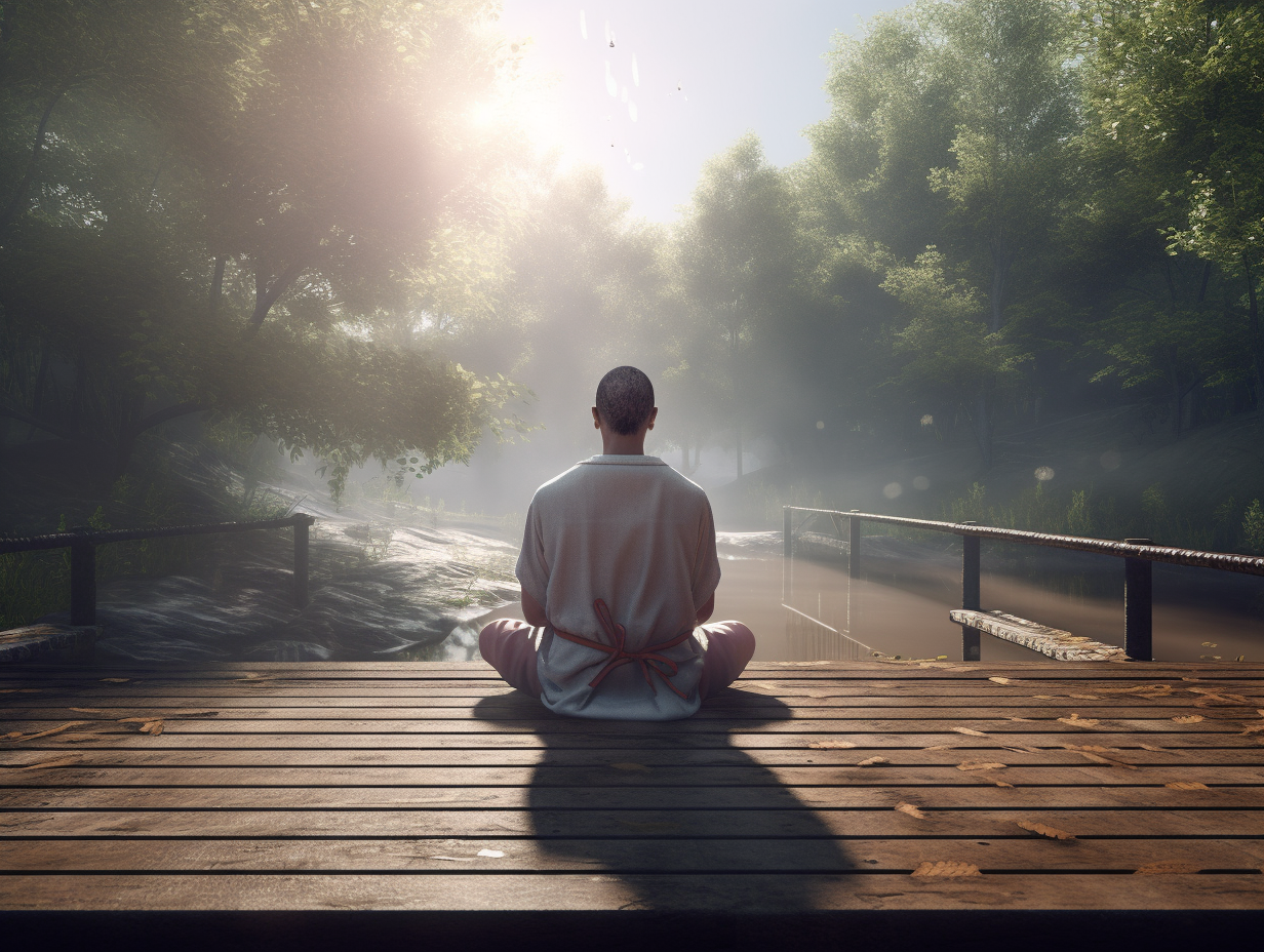 Auto Draft: A man is sitting on a dock by a river.