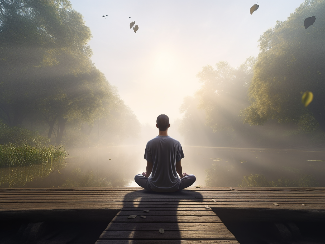A man sits on a dock and meditates in front of a lake.