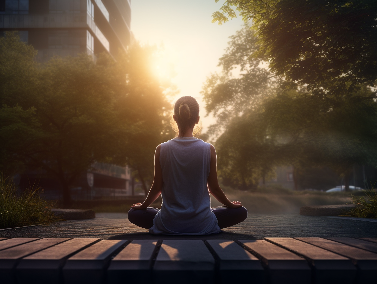 A woman is meditating in a park.