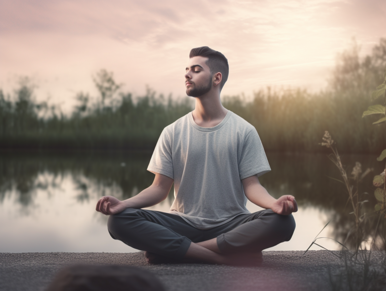 A man is meditating in front of a lake.