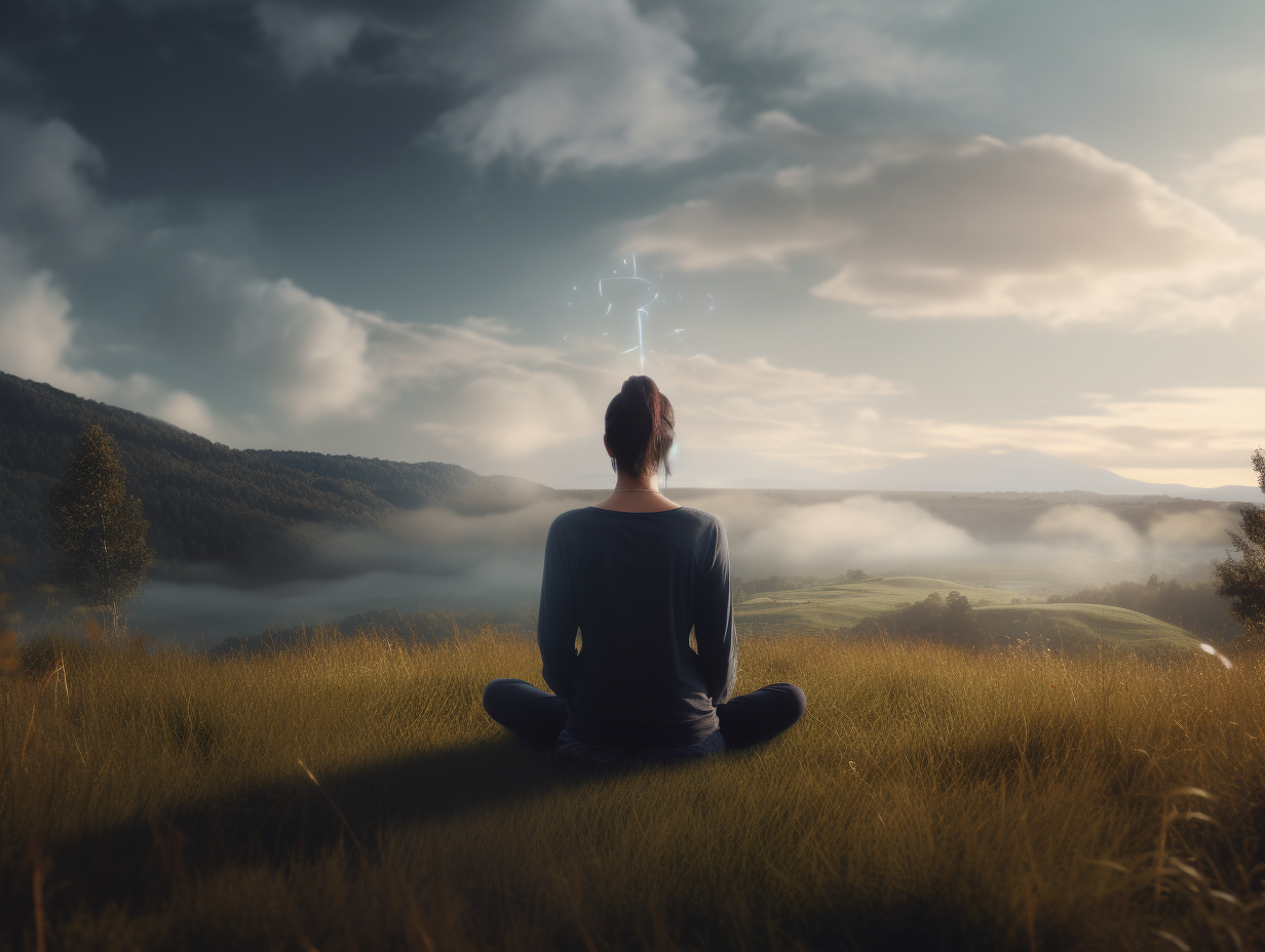 A woman sitting in a field with a lightning bolt in the sky.