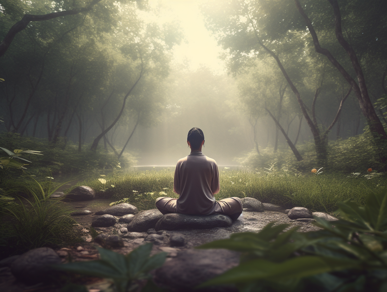 A man is sitting in a lotus position in a forest.