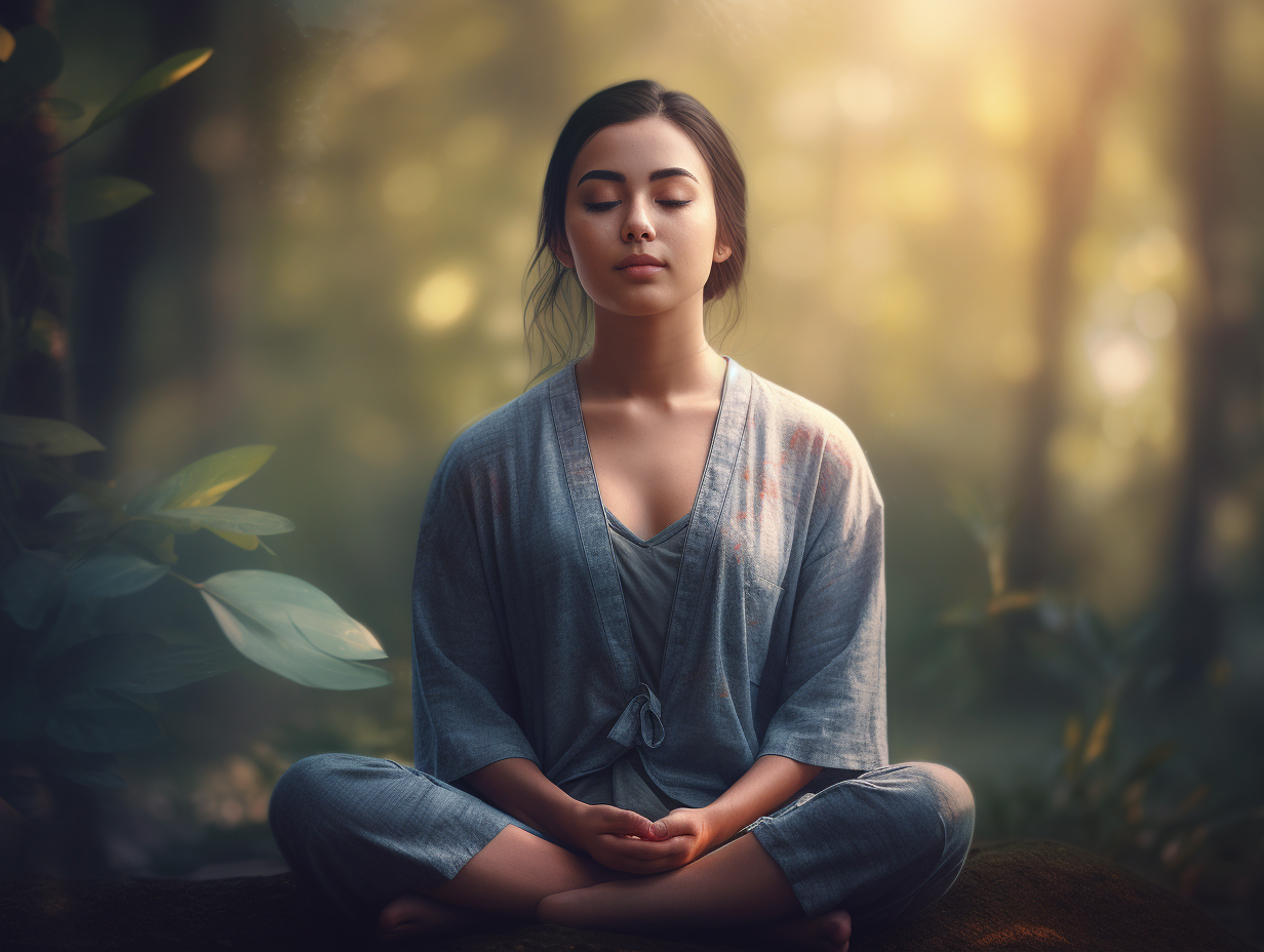 A woman is meditating in the forest.