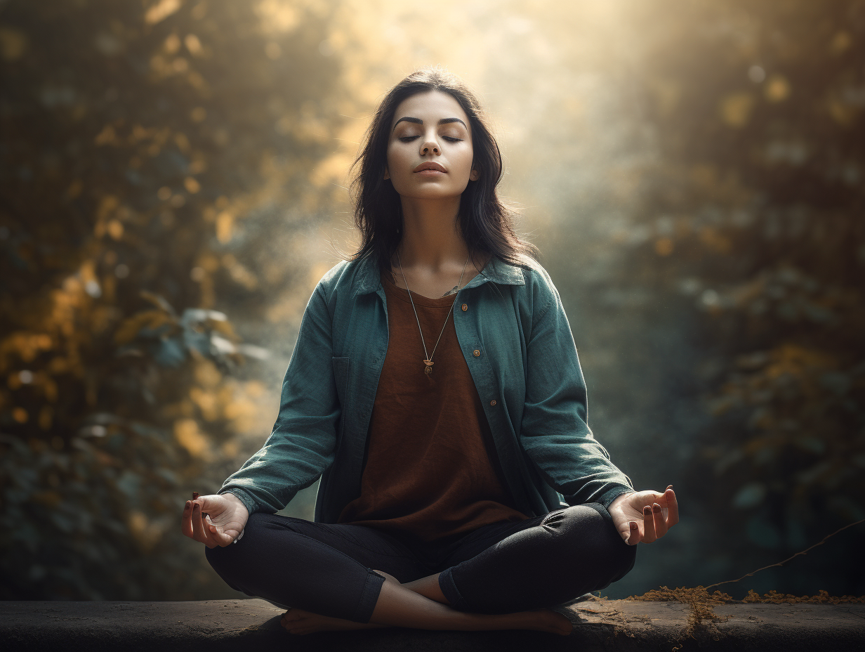 A woman meditating in the forest.