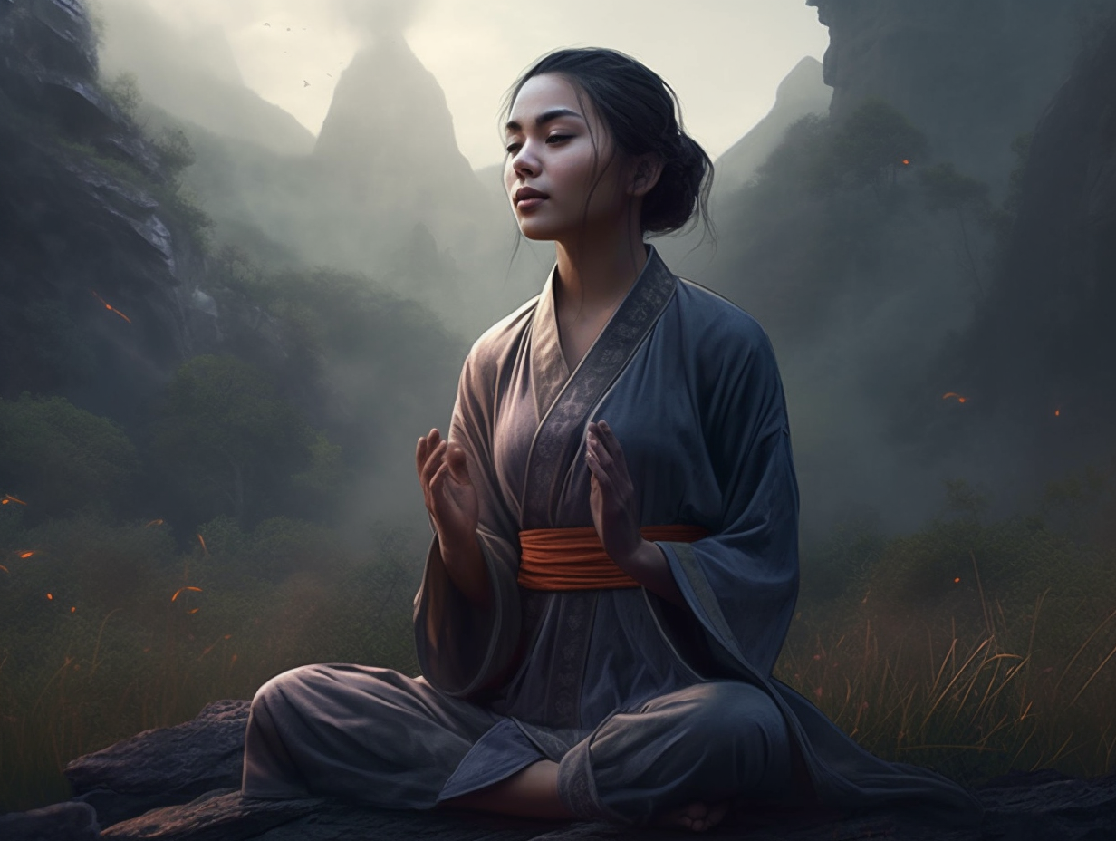 A woman in a kimono is meditating in the mountains.