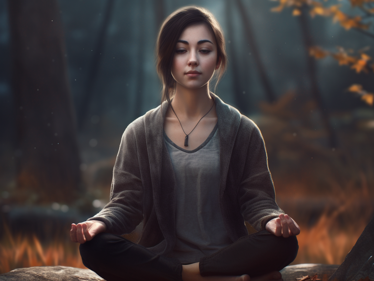 A woman is meditating in the woods.