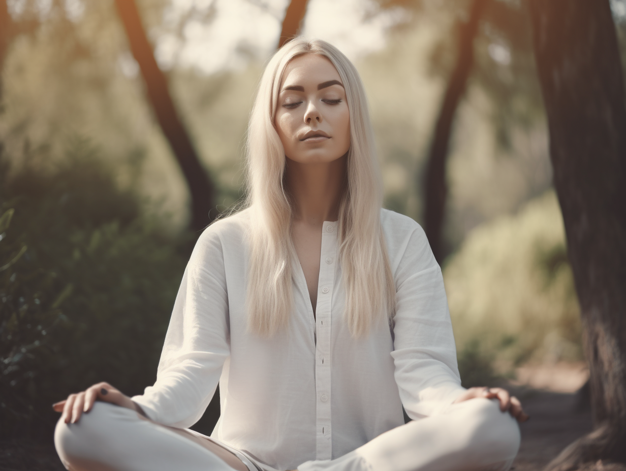 A young woman is meditating in the woods.