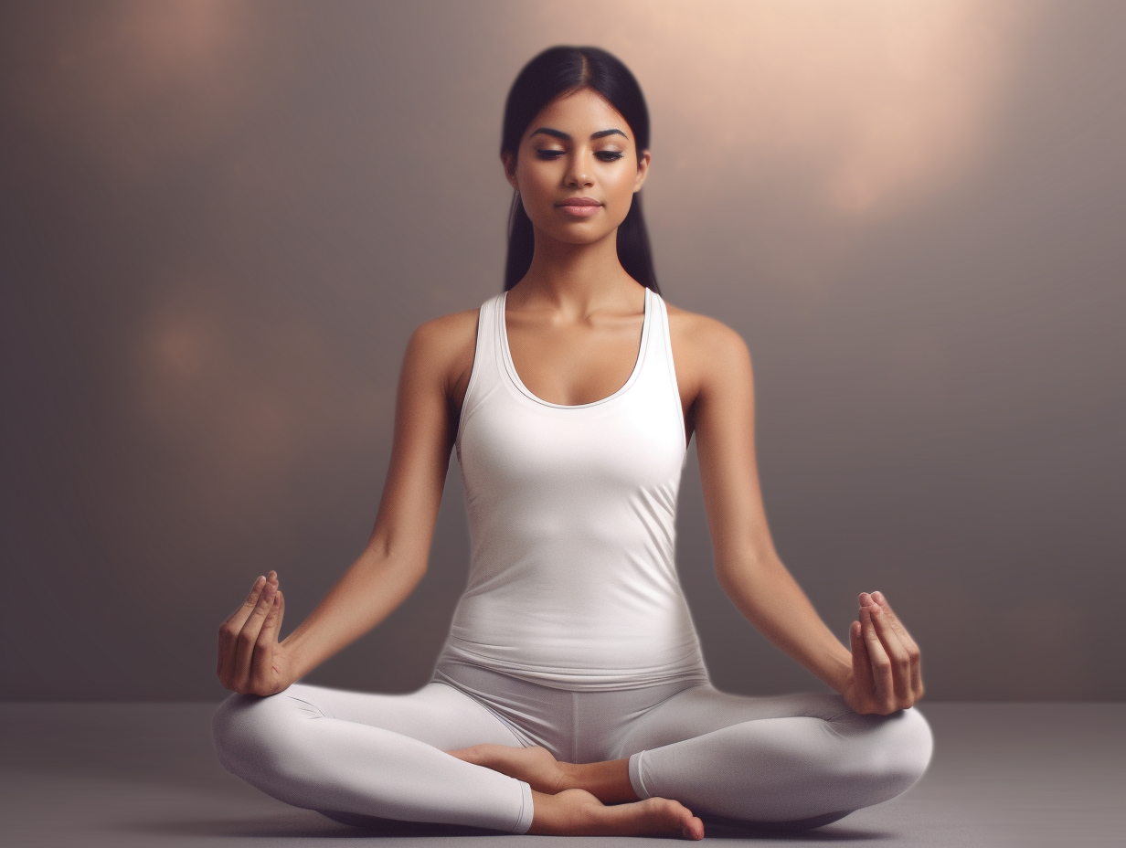 A woman is meditating and using yoga blocks on a gray background.