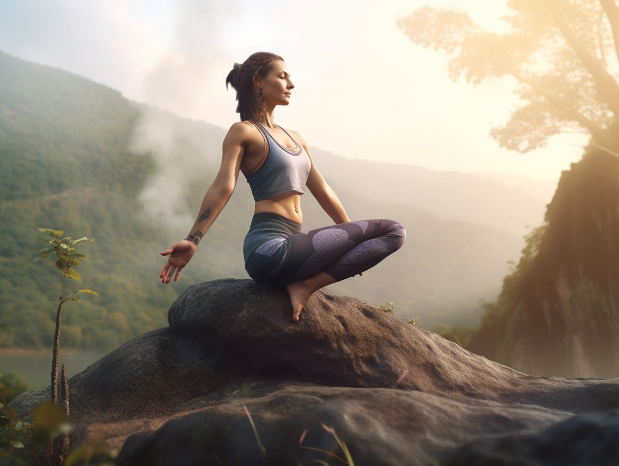 A woman is meditating on a rock in the mountains, finding inner peace amidst nature.