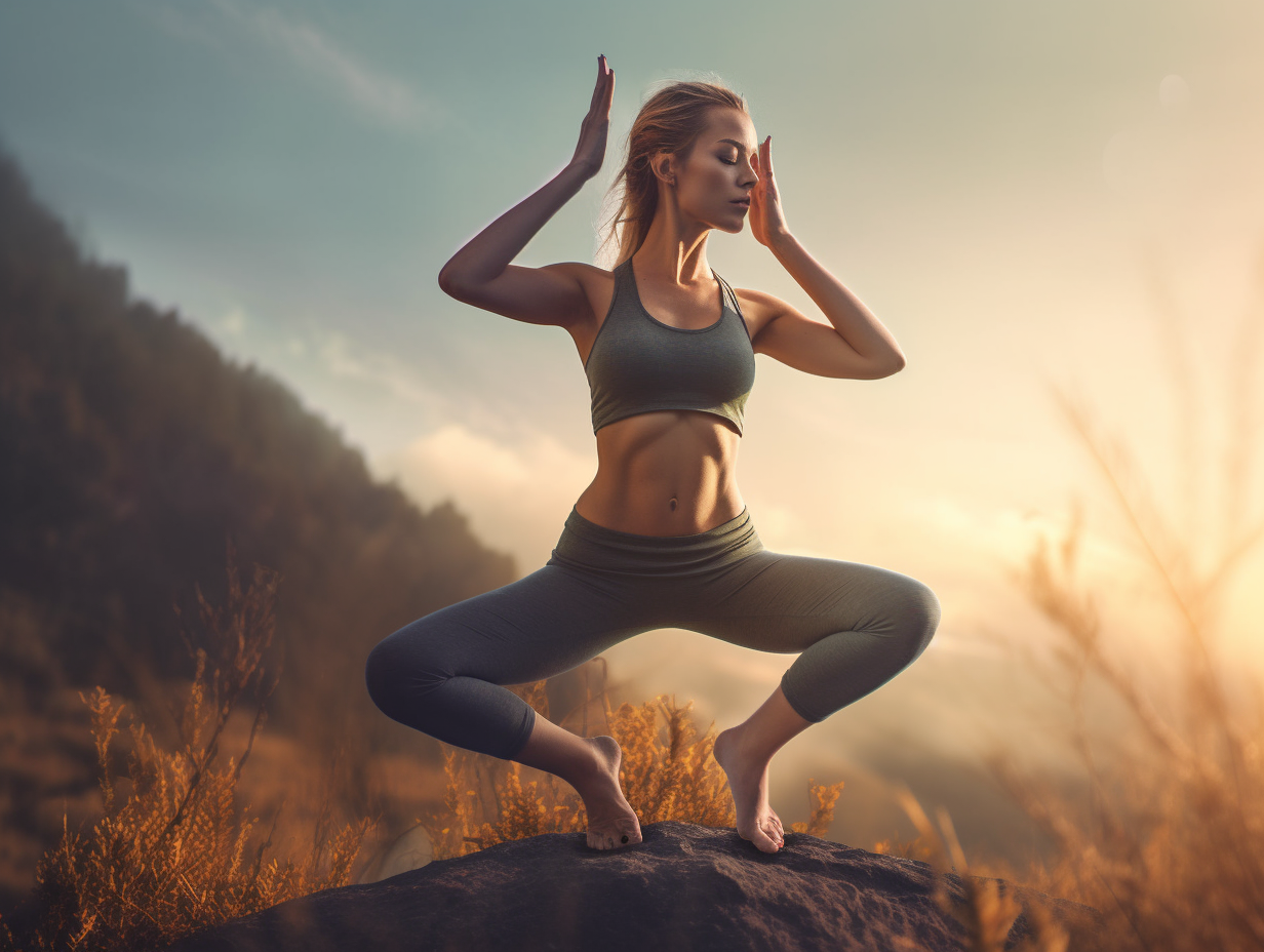 A woman is practicing yoga on a mountain.