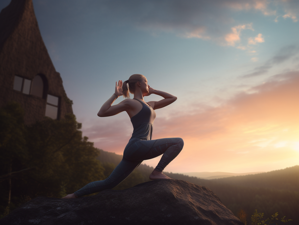 A woman practicing yoga on top of a rock at sunset.