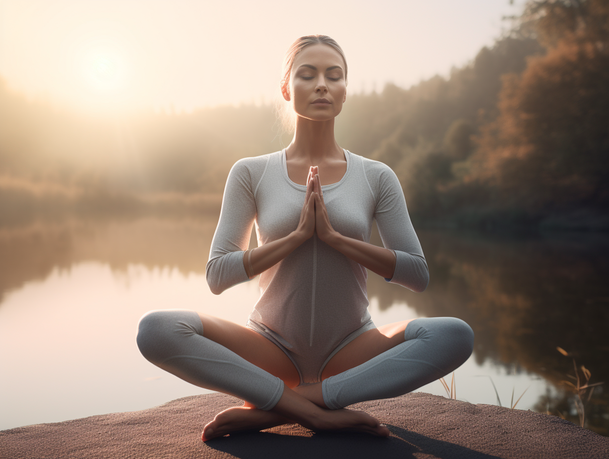 A woman is meditating in front of a tranquil lake.