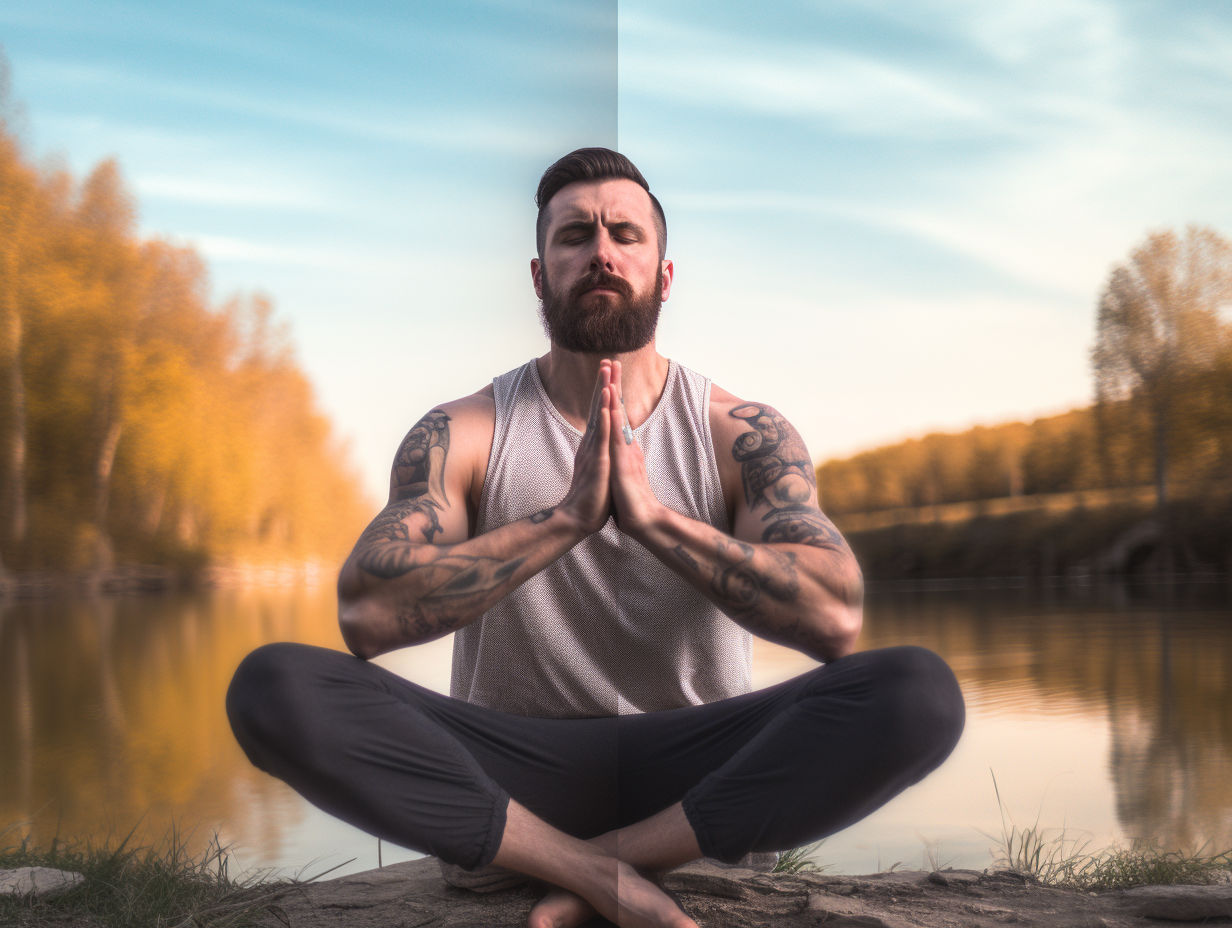 A man practicing yoga in front of a lake.