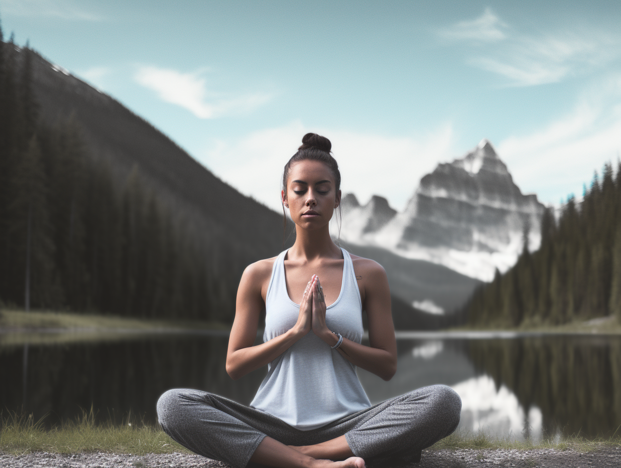 A woman meditating in front of majestic mountains.