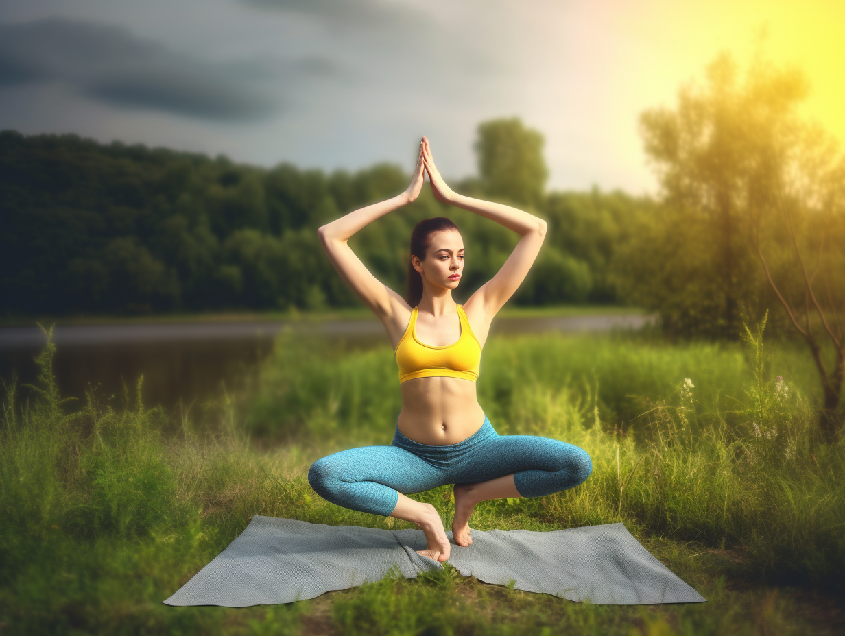 A woman is stretching on a yoga mat near a lake.