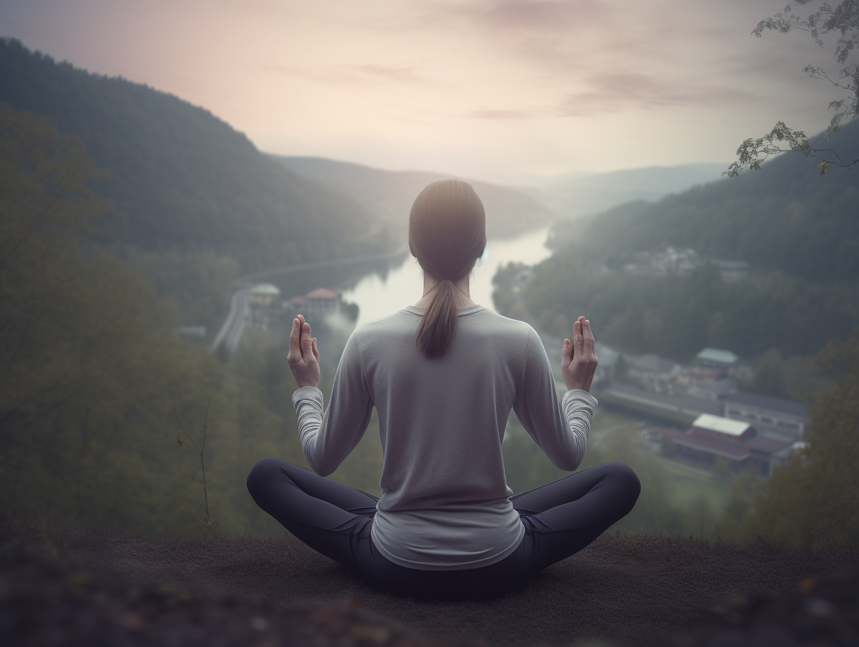 A woman meditates on a hill while practicing yoga.