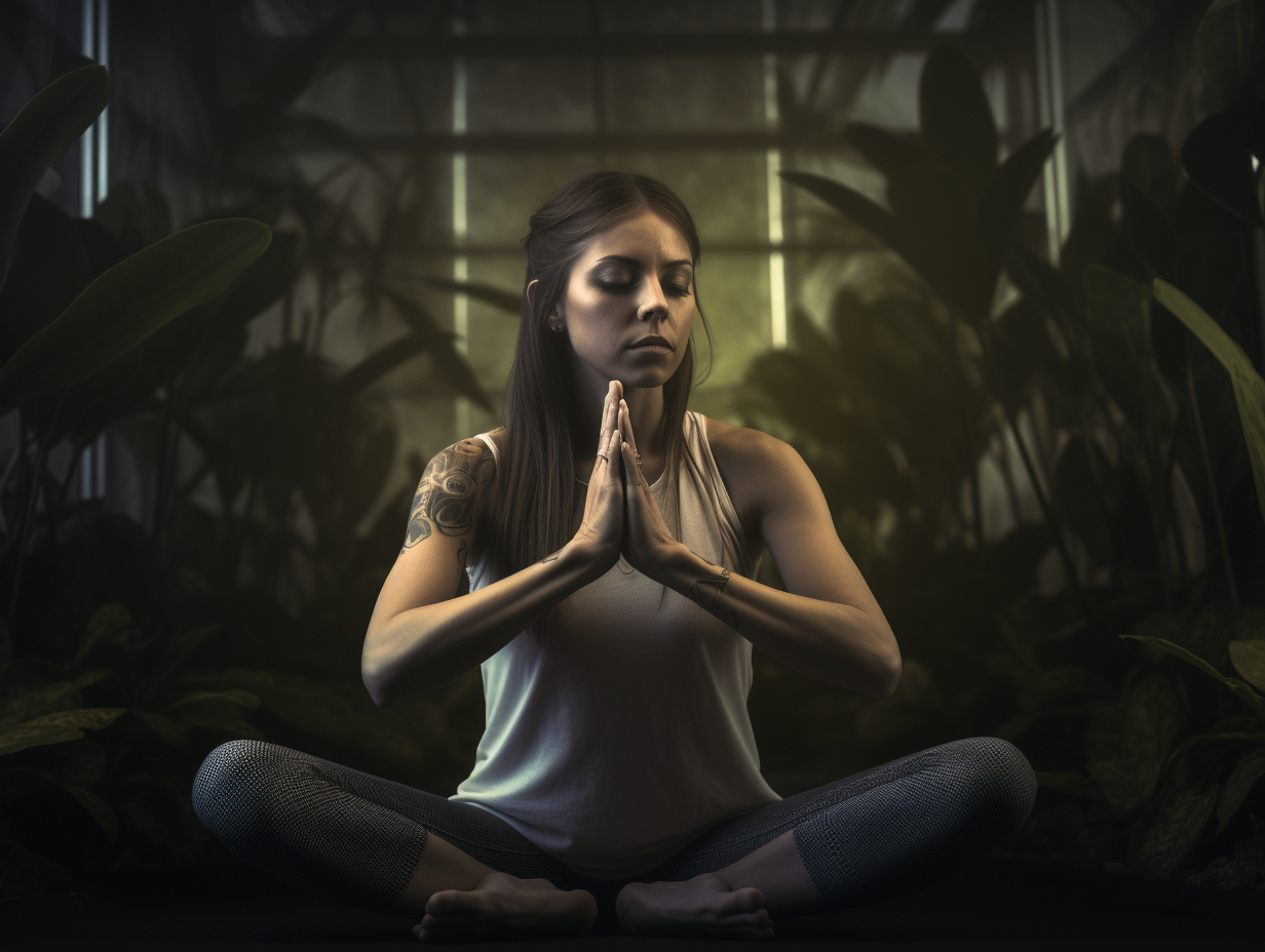 A woman is meditating in a dark room, contemplating the use of a yoga block.