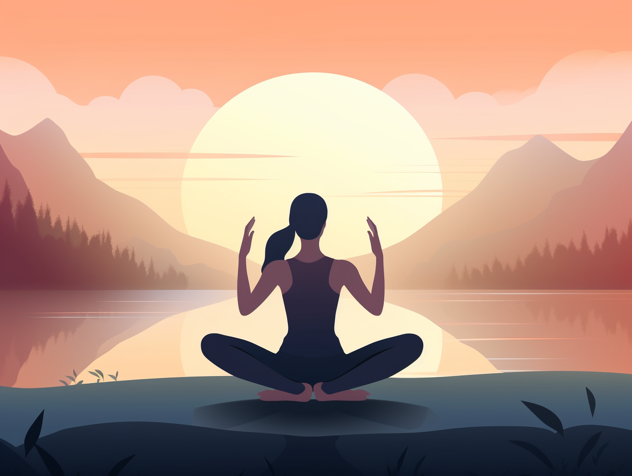 A woman is practicing yoga in front of a lake at sunset.