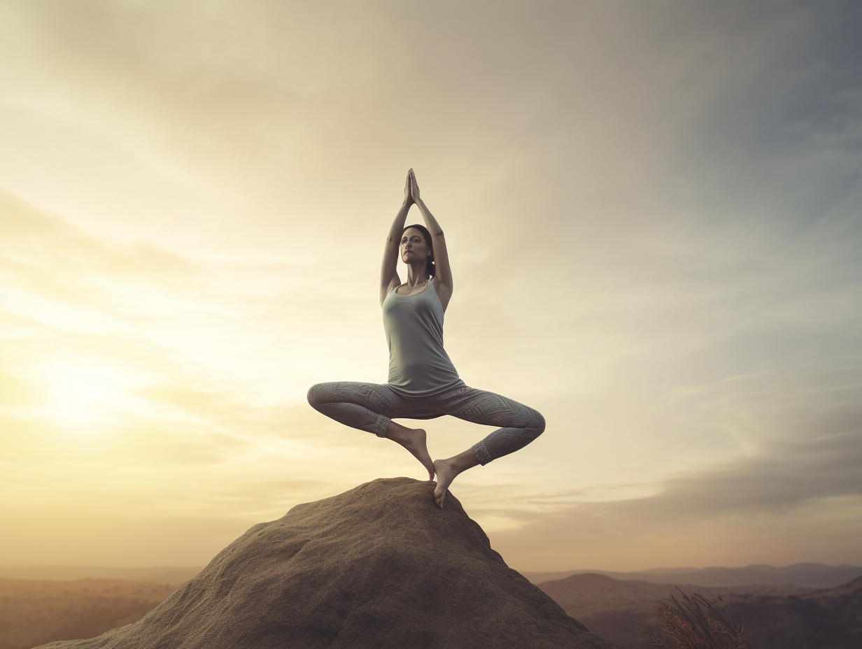 A woman is stretching on top of a mountain.