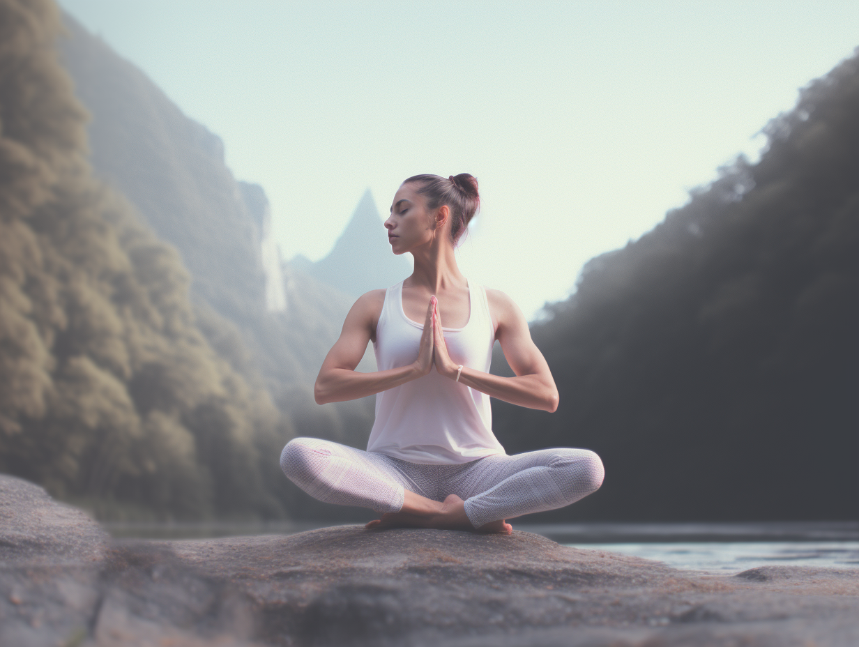 A woman is practicing yoga on a rock near a river.