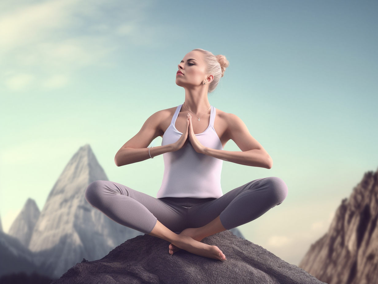 A woman is meditating on top of a mountain while practicing yoga.