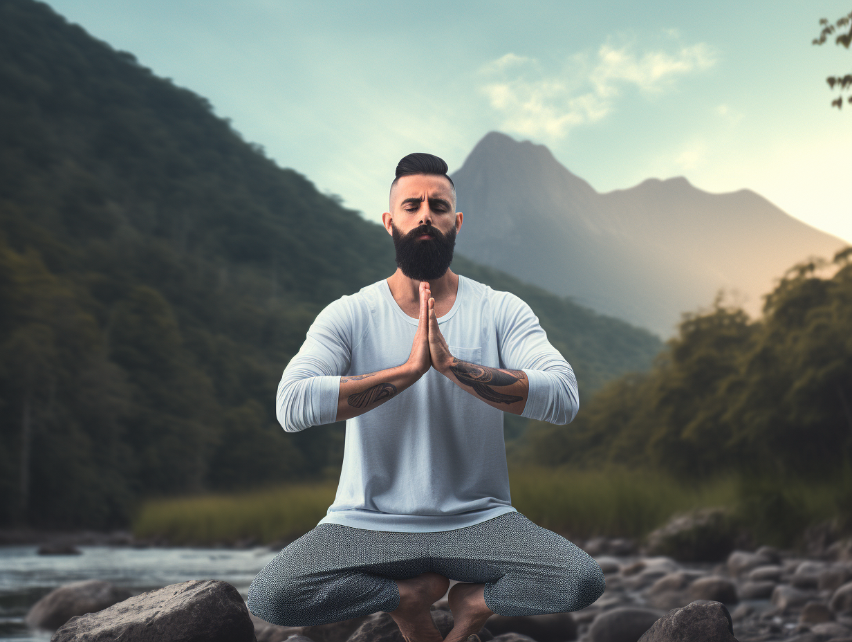 A man meditating near a river.