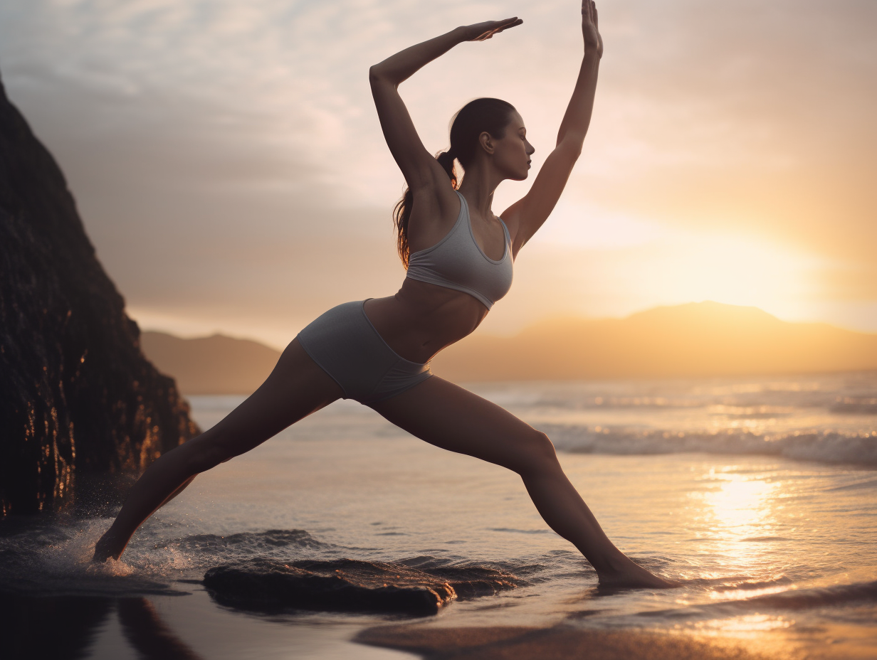 A woman practicing yoga on the beach during sunset.