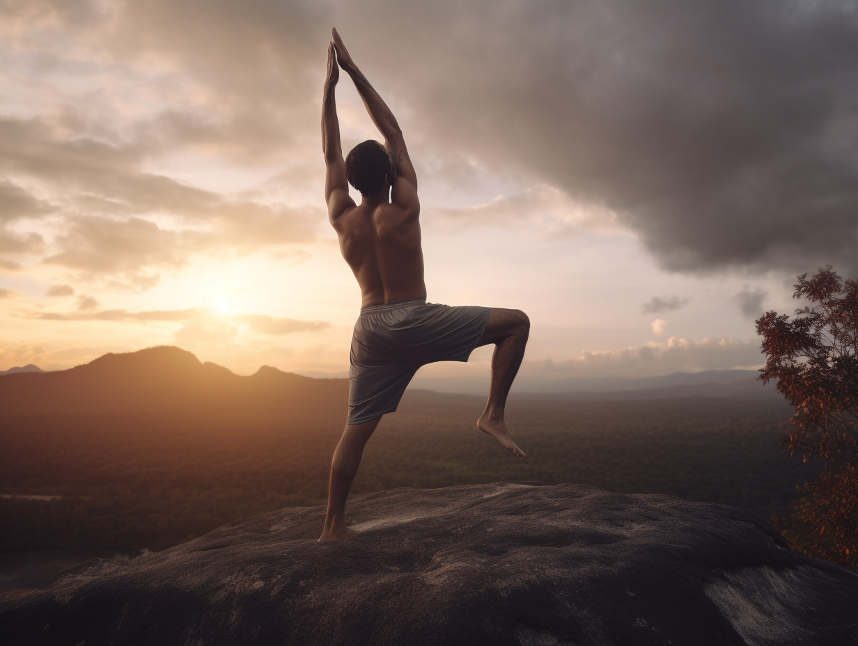 A man utilizing yoga blocks on top of a mountain at sunset.