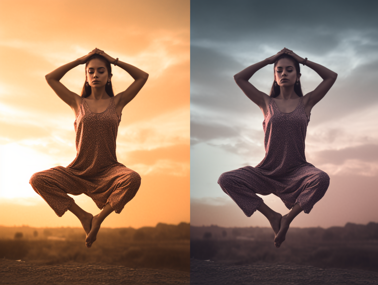 Two photos of a woman practicing yoga at sunset, but does not include information about a yoga block.