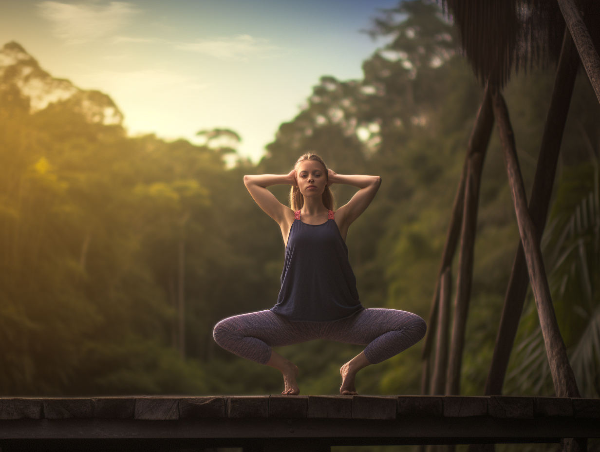 A woman practicing yoga on a bridge in the forest, determining how long to hold each pose.