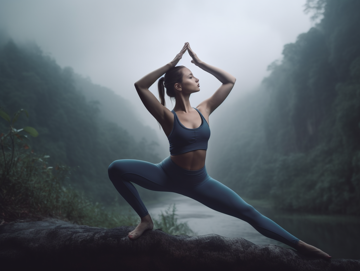 A woman practicing yoga on a rock in a misty forest, demonstrating the use of a yoga block.