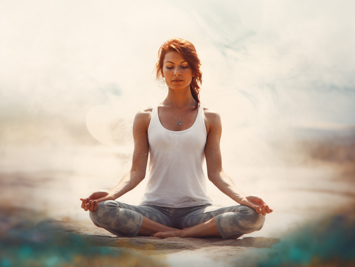 A woman is meditating in a lotus position, focusing on the duration of holding the yoga pose.