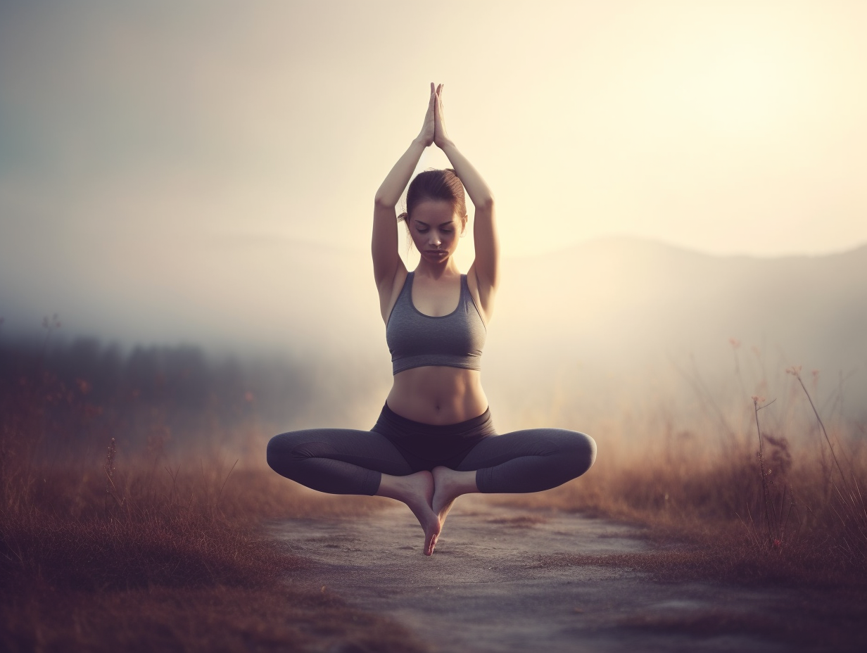 A woman is practicing yoga in a field, wondering how thick her yoga mat should be.