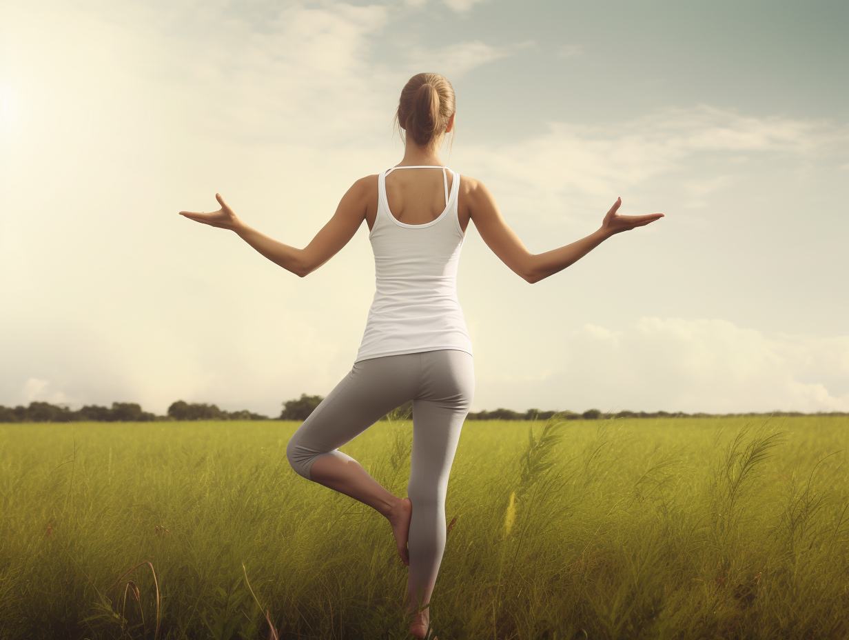 A woman practicing yoga outdoors in a field with her arms outstretched for maximum relaxation and flexibility.