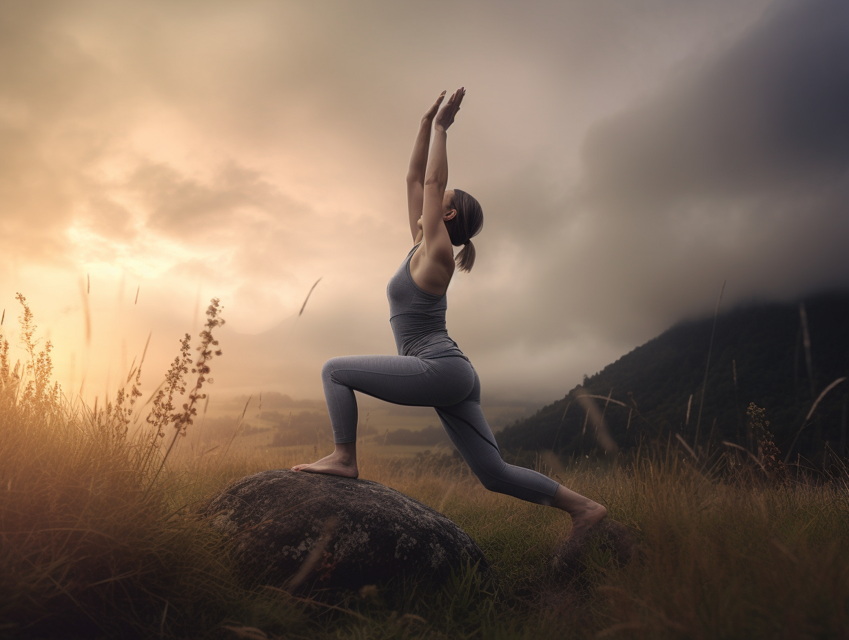 A woman gracefully practicing yoga on a serene rock during a beautiful sunset.