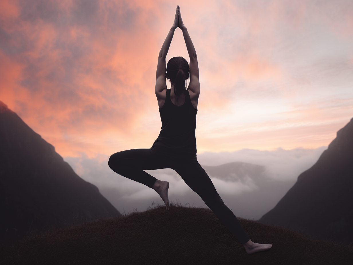 A woman practicing yoga on top of a mountain at sunset.