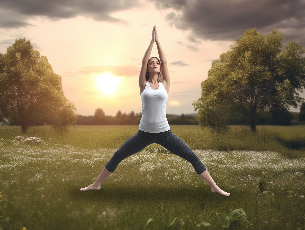 A woman practicing yoga outdoors at sunset.