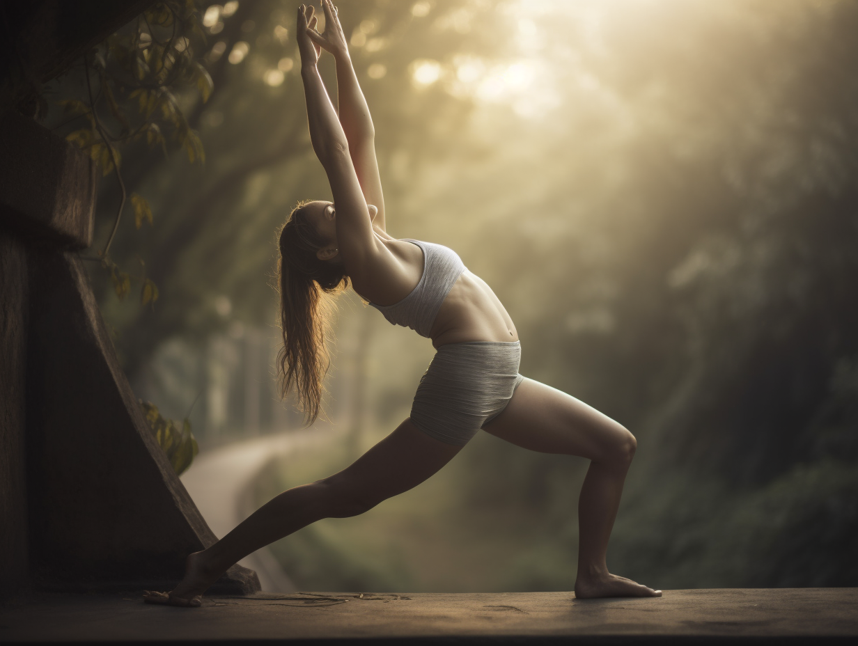 A woman is practicing yoga in the serene woods.