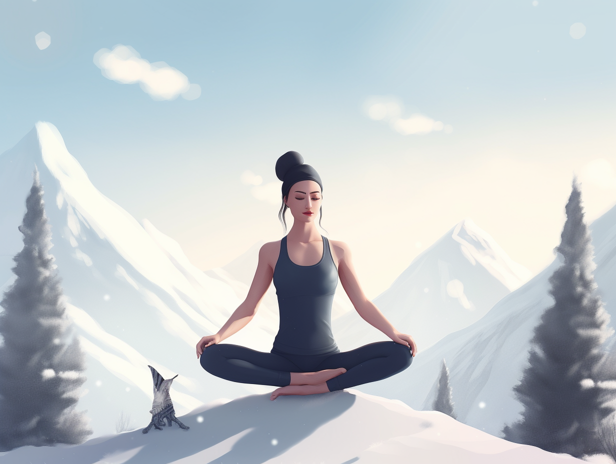 A woman is meditating in the snow with her dog.