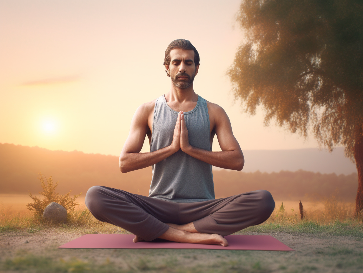 A man is practicing yoga in a field at sunset, exploring the ideal frequency of practice.