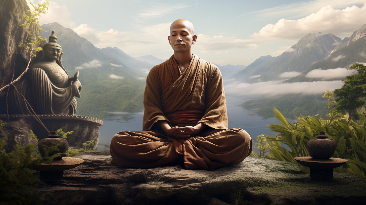 A buddhist monk sitting on top of a mountain.