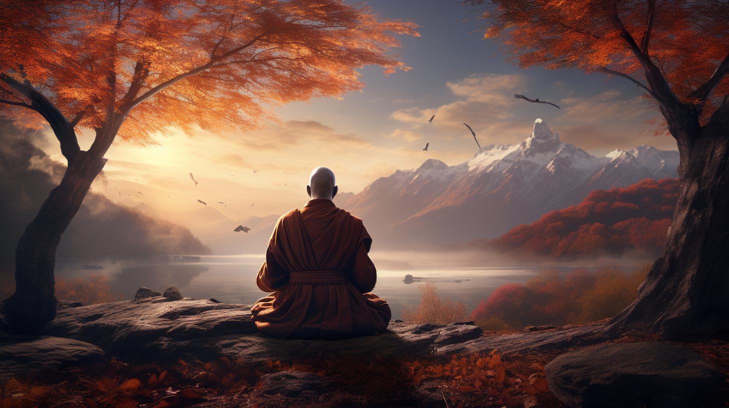 A buddhist monk sitting on a rock and looking at the mountains.