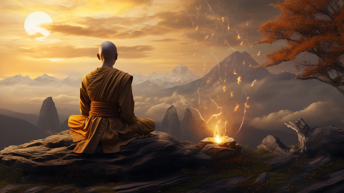 A buddhist monk sitting on top of a mountain.