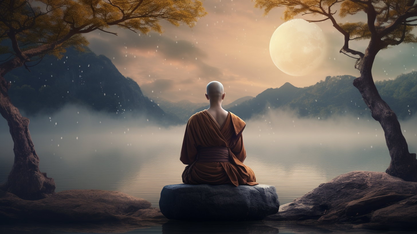 A buddhist monk sitting on a rock and looking at the moon.