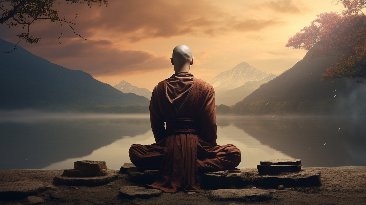 A buddhist monk sitting in meditation on a lake with mountains in the background.