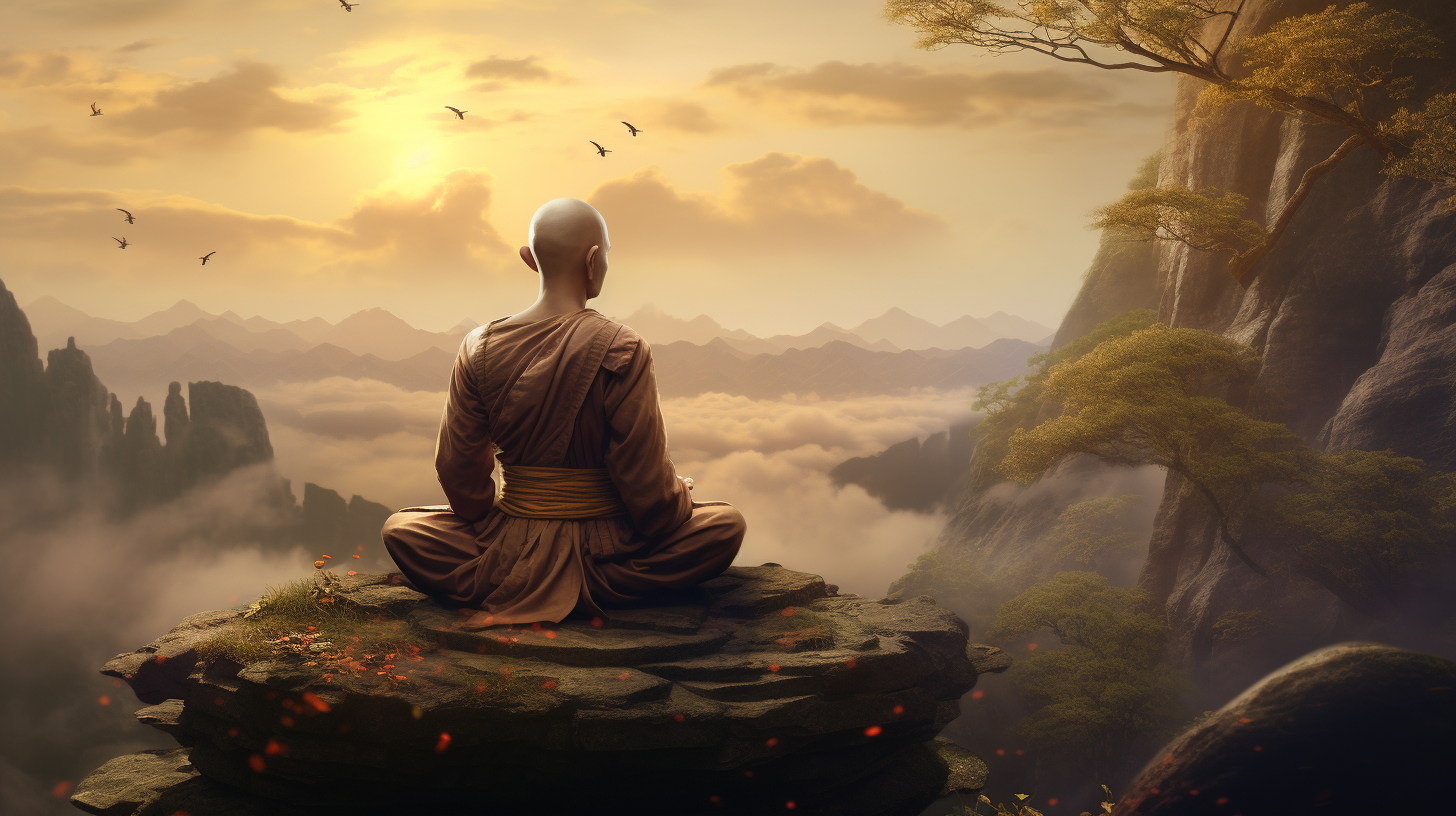 A buddhist monk sitting on top of a mountain.