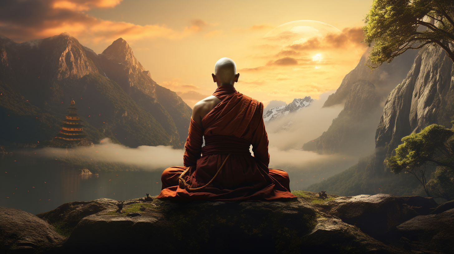 A buddhist monk sitting on top of a mountain.