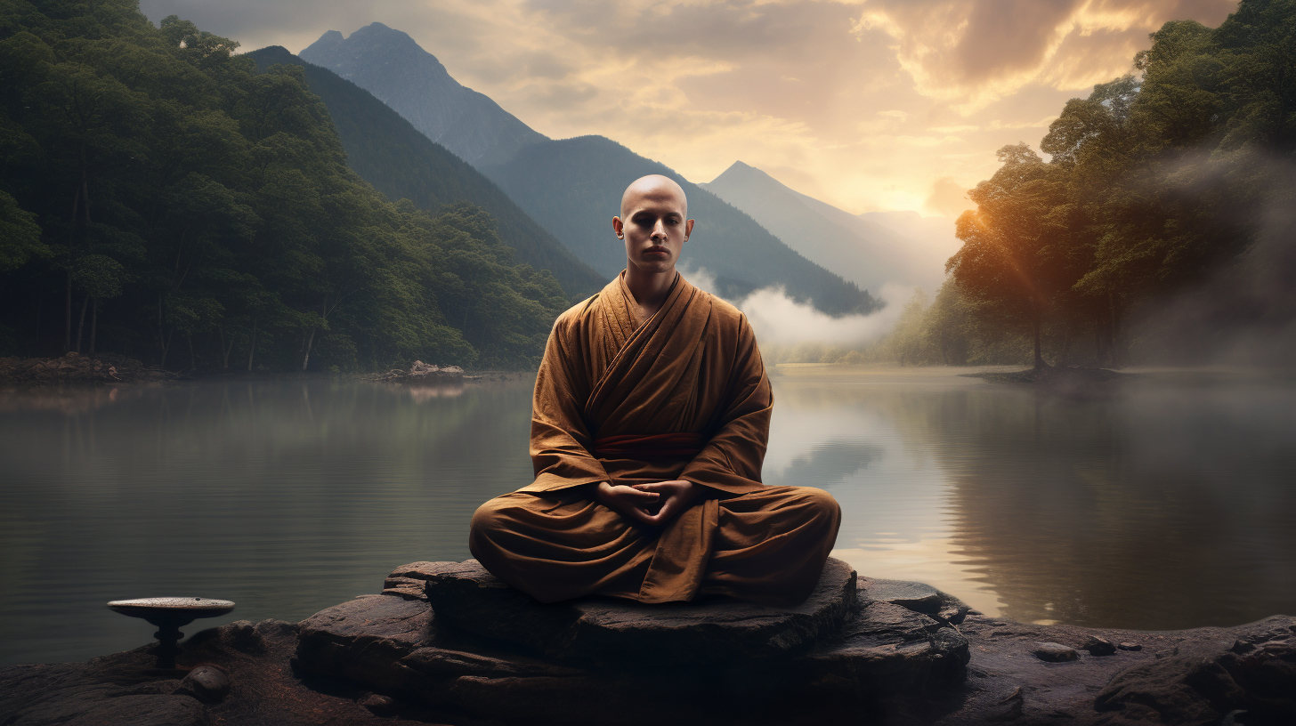 A buddhist monk meditating on a lake with mountains in the background.