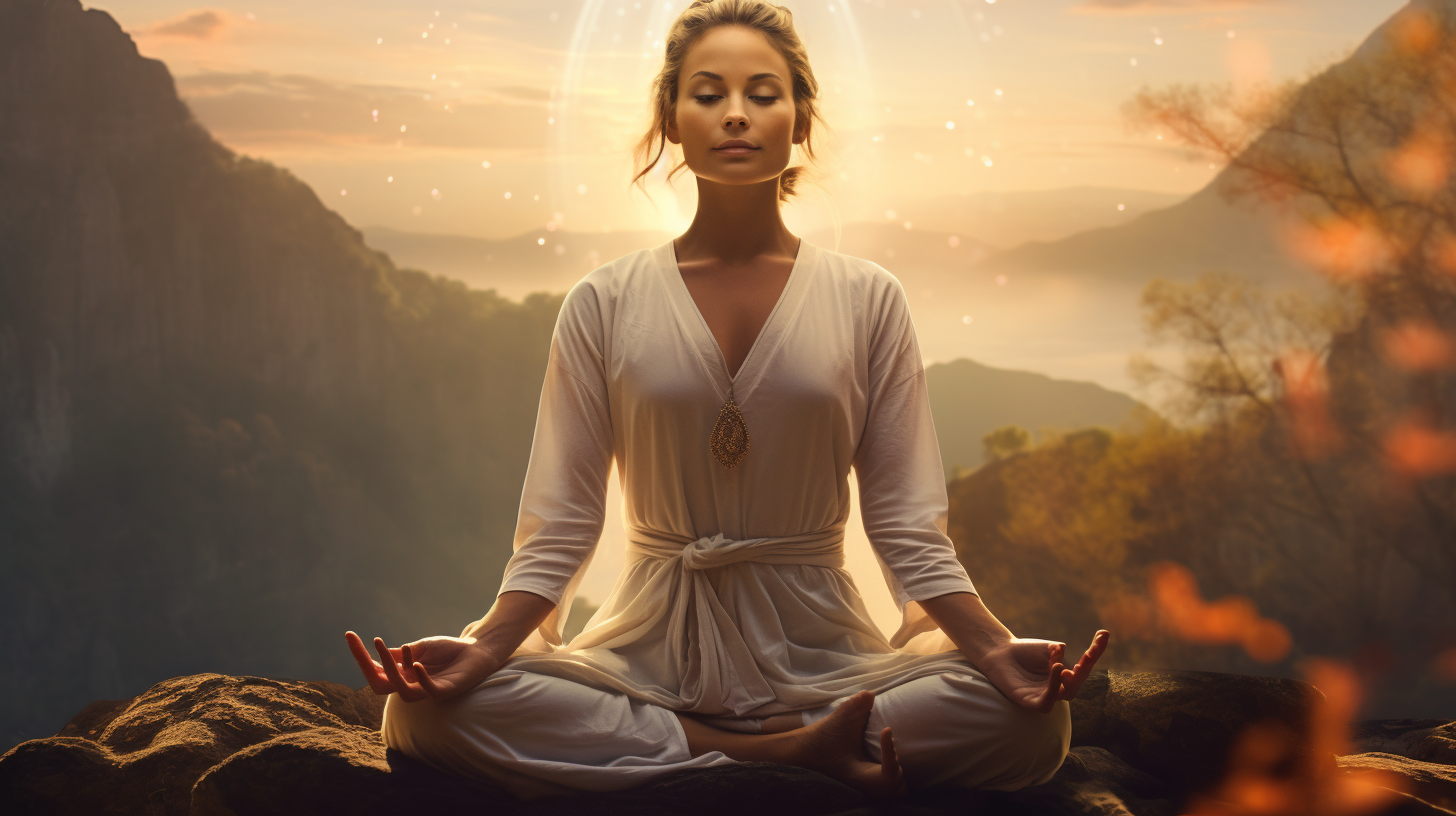 A woman is meditating in a lotus position on top of a mountain.